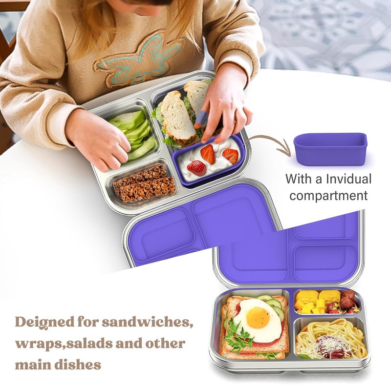 BABHAMNESS Stainless Steel Bento Box Kids, 3 Compartments Leak Proof Metal Bento Lunch Box, 304 Stainless Steel Bento Lunch Containers for School and Office,Dishwasher Safe, BPA-Free-Purple - Image 2